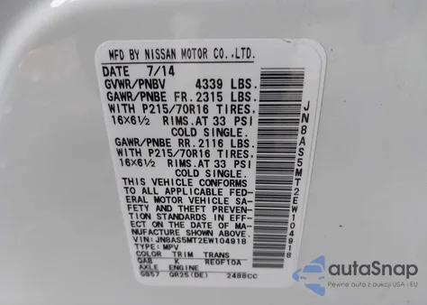 2014 Nissan Rogue Select S z USA, uszkodzony, nr VIN JN8AS5MT2EW104918